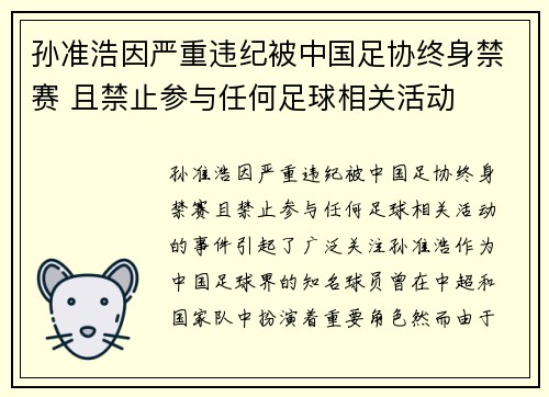 孙准浩因严重违纪被中国足协终身禁赛 且禁止参与任何足球相关活动 孙准浩因严重违纪被中国足协终身禁赛 且禁止参与任何足球相关活动
